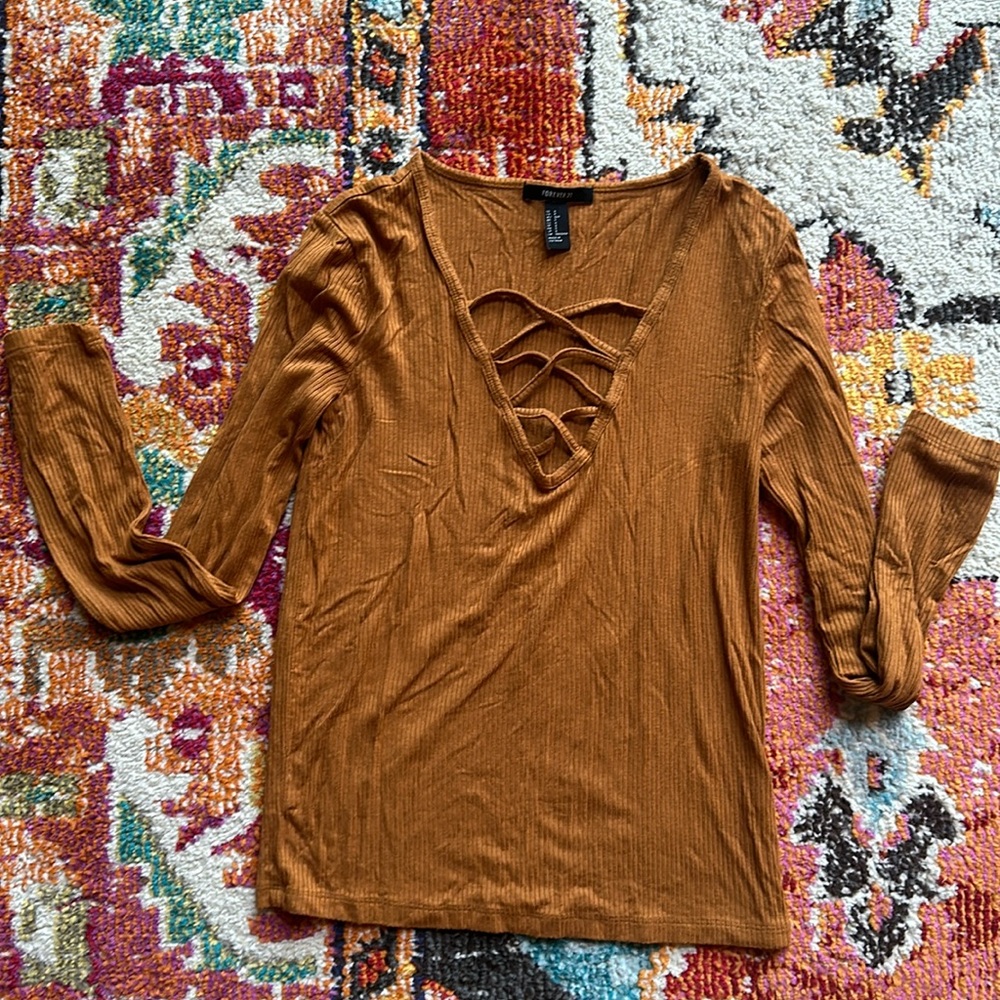 Forever 21 Burnt Orange Deep V Long Sleeve Shirt, Size Small
